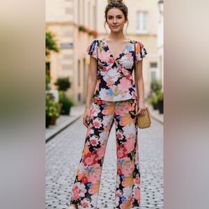 Jessica Simpson Women's M 2-Piece Open Back Top & Pants Set Black Pink Floral